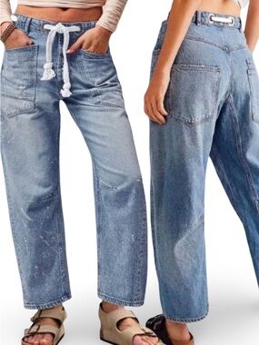 New! Wide Leg Barrel 100% Cotton w/ Drawstring Waist Denim Jeans Size 9/29